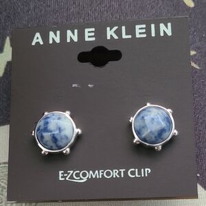 Anne Klein Marble Blue and Silver Clip Earrings